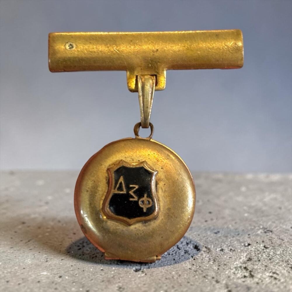 Antique Delta Sigma Phi Locket Brooch Black Enamel Fraternity Sweetheart Pin